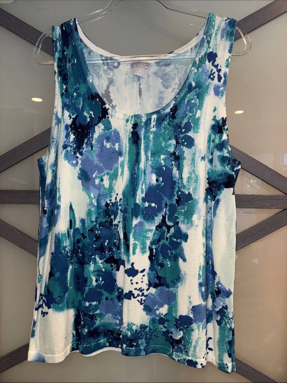Chico’s Sleeveless Scoop Neck Tank Top - Blue Floral Print Rayon Blend